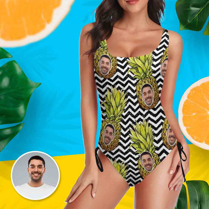 Custom Face Pineapple Style Swimsuit Personalized Women's New Drawstring Side One Piece Bathing Suit Honeymoons Party