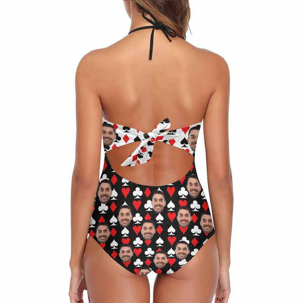 Custom Face Poker Style Swimsuit Personalized Women's New Strap One Piece Bathing Suit Birthday Funny Gift