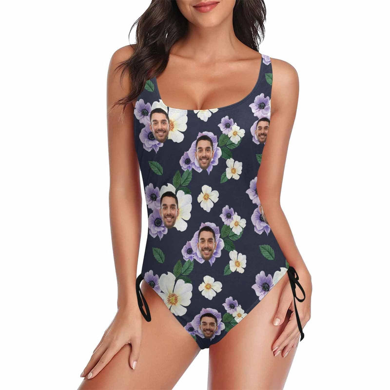 Custom Face Purple Flower Women's New Drawstring Side One Piece Swimsuits