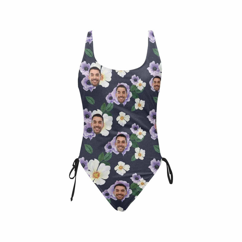 Custom Face Purple Flower Women's New Drawstring Side One Piece Swimsuits