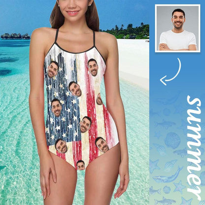 Custom Face Red Stripes Flag Swimsuit Personalized Women&