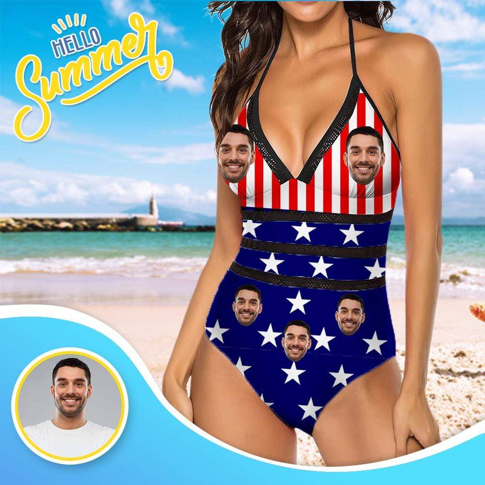 Custom Face Star Flag Swimsuit Personalized Women&