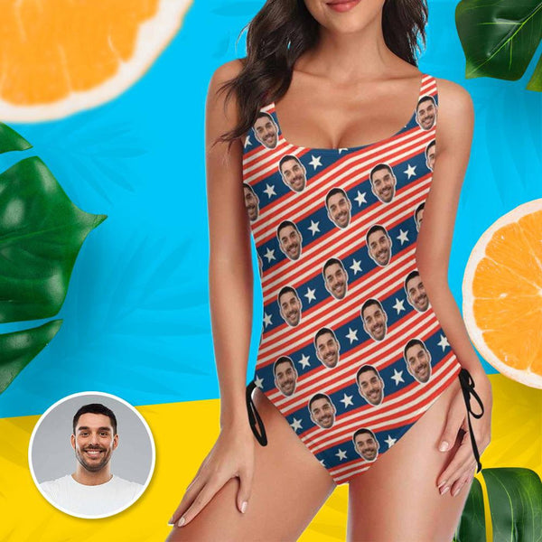 Custom Face Striped Flag Swimsuit Personalized Women's New Drawstring Side One Piece Bathing Suit Celebrate Holiday Party