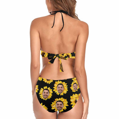 Custom Face Sunflower Black One Piece Fringe Swimsuit Personalized Women&