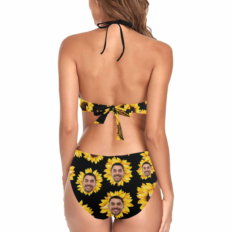 Custom Face Sunflower Black One Piece Fringe Swimsuit Personalized Women's Bathing Suit