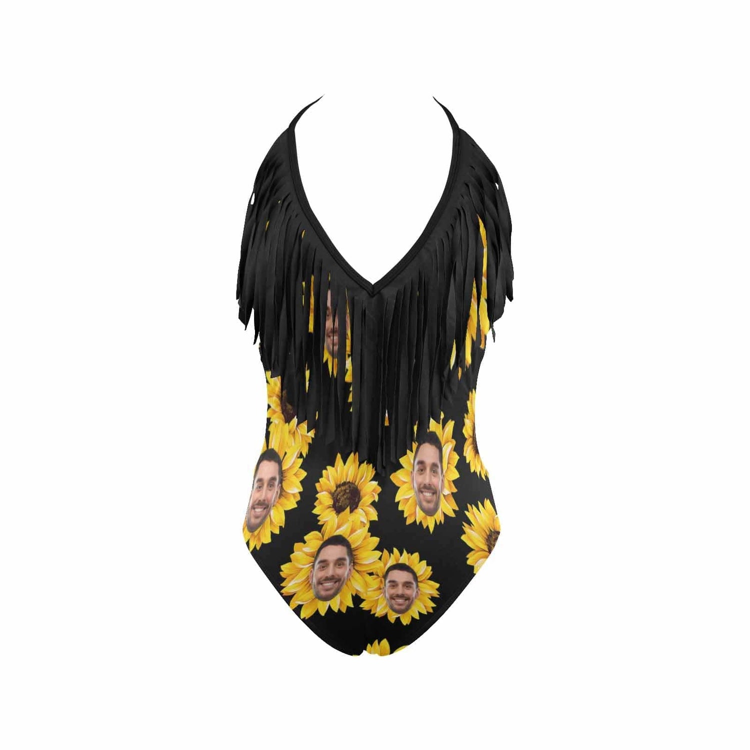 Custom Face Sunflower Black One Piece Fringe Swimsuit Personalized Women&