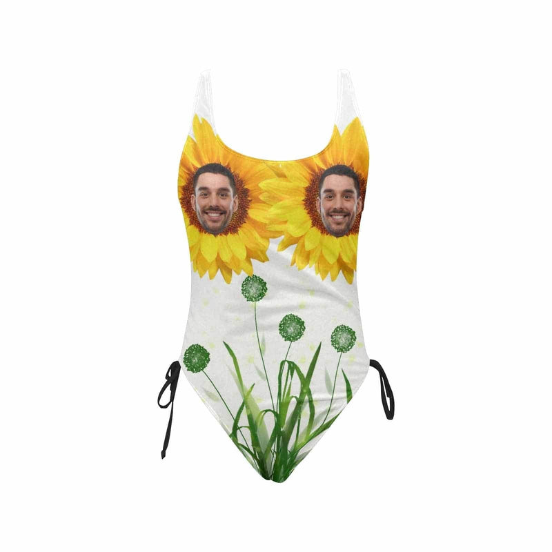 Custom Face Sunflower Swimsuits Personalized Women's New Drawstring Side One Piece Bathing Suit Honeymoon Party For Her