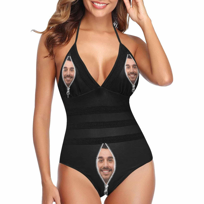 Custom Face Swimsuit Black Style Personalized Women's New Strap One Piece Bathing Suit Honeymoons For Her