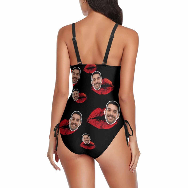 Custom Face Swimsuit Kiss Me Personalized Women's New Drawstring Side One Piece Bathing Suit Honeymoons For Her