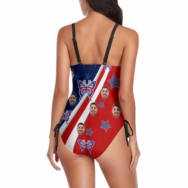 Custom Face U.S Flag Swimsuit Personalized Women's New Drawstring Side One Piece Bathing Suit Celebrate Holiday Party