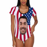 Custom Face US Flag Women's Short Sleeve Bodysuit-Swimsuit-Bathing Suit