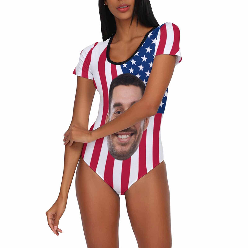 Custom Face US Flag Women's Short Sleeve Bodysuit-Swimsuit-Bathing Suit