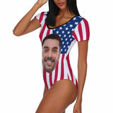 Custom Face US Flag Women's Short Sleeve Bodysuit-Swimsuit-Bathing Suit