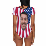 Custom Face US Flag Women's Short Sleeve Bodysuit-Swimsuit-Bathing Suit