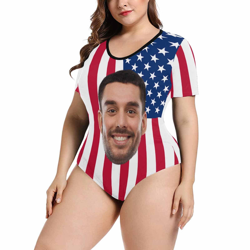 Custom Face US Flag Women's Short Sleeve Bodysuit-Swimsuit-Bathing Suit