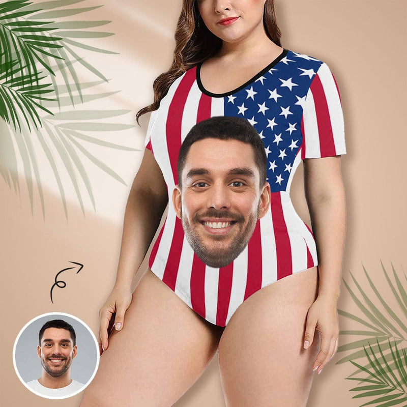 Custom Face US Flag Women's Short Sleeve Bodysuit-Swimsuit-Bathing Suit