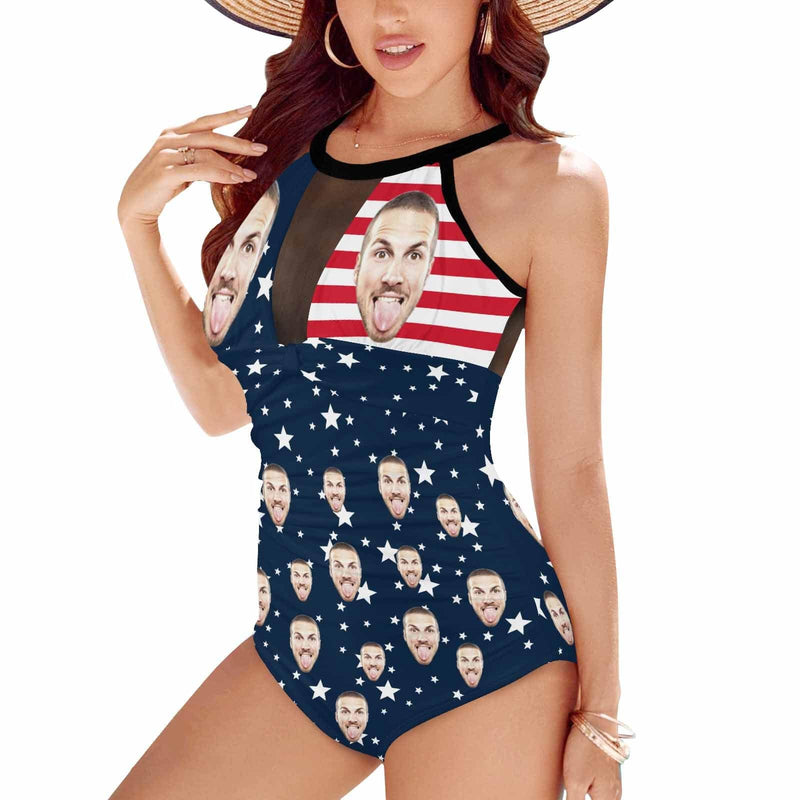 Custom Face USA Flag Women's One Piece Swimsuit High Neck Plunge Mesh Ruched Monokini Swimwear