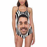 Custom Face Vertical Stripes Swimsuit Personalized Women's Slip One Piece Bathing Suit Honeymoons Party For Her