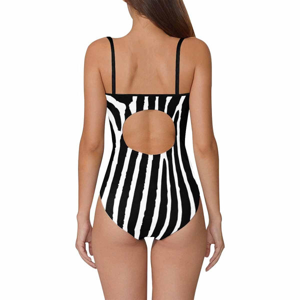 Custom Face Vertical Stripes Swimsuit Personalized Women's Slip One Piece Bathing Suit Honeymoons Party For Her