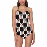 Custom  Husband Face Swimsuit Black&White Grid Personalized Women's Slip One Piece Bathing Suit Gift For Her