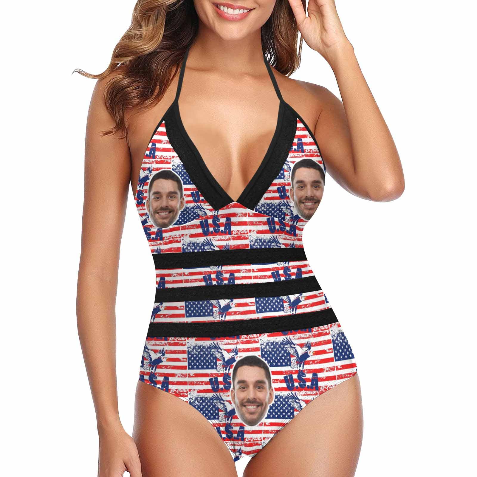 Custom US Flag Face Swimsuit Personalized Women&