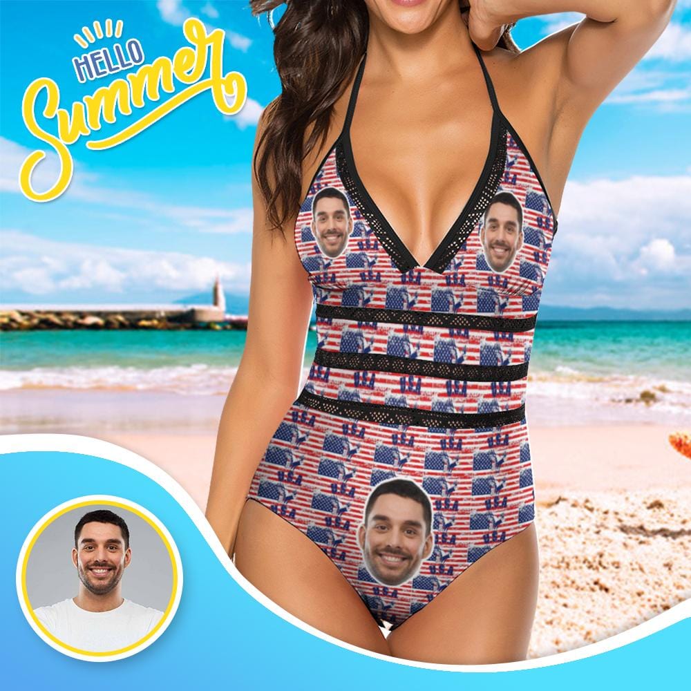 Custom US Flag Face Swimsuit Personalized Women&