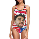 #July 4-4th of July Boat Trip Beach Cruise Outfit Custom Boyfriend Face Swimsuit Personalized USA Flag Women's One Piece Bathing Suit Celebrate Holiday Funny Party