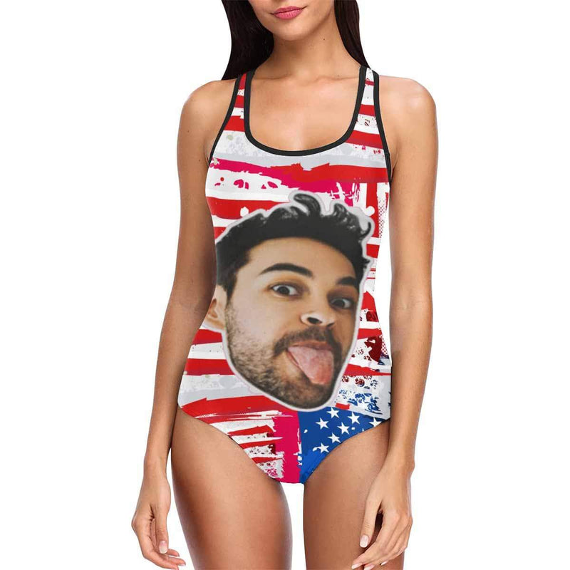 #July 4-4th of July Boat Trip Beach Cruise Outfit Custom Boyfriend Face Swimsuit Personalized USA Flag Women's One Piece Bathing Suit Celebrate Holiday Funny Party