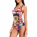 #July 4-4th of July Boat Trip Beach Cruise Outfit Custom Boyfriend Face Swimsuit Personalized USA Flag Women's One Piece Bathing Suit Celebrate Holiday Funny Party