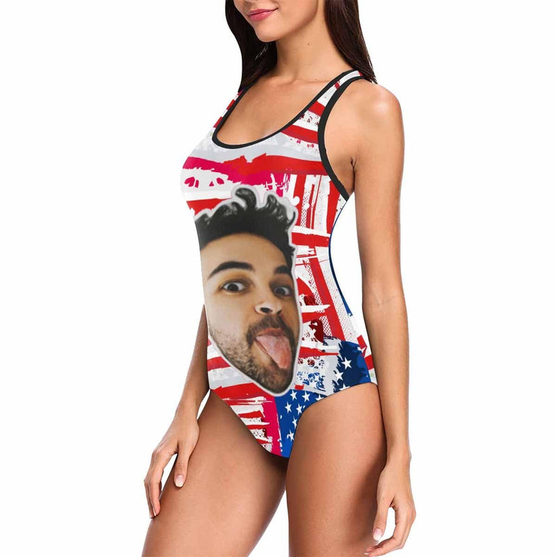 #July 4-4th of July Boat Trip Beach Cruise Outfit Custom Boyfriend Face Swimsuit Personalized USA Flag Women's One Piece Bathing Suit Celebrate Holiday Funny Party