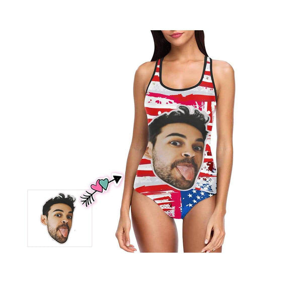 #July 4-4th of July Boat Trip Beach Cruise Outfit Custom Boyfriend Face Swimsuit Personalized USA Flag Women's One Piece Bathing Suit Celebrate Holiday Funny Party