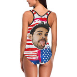 #July 4-4th of July Boat Trip Beach Cruise Outfit Custom Boyfriend Face Swimsuit Personalized USA Flag Women's One Piece Bathing Suit Celebrate Holiday Funny Party