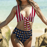#July 4-4th of July Boat Trip Beach Cruise Outfit Custom Face Bikini National Flag Personalized Women's Chest Strap Bikini Swimsuit Celebrate Party