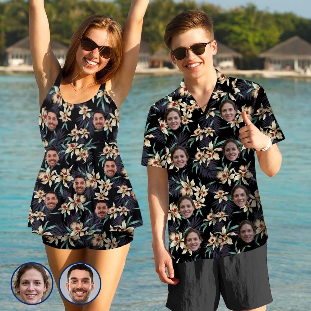 Couple Matching Hawaiian Shirts&amp;Swimsuits with Faces Best Couple Gift Flower Parrot Personalized Hawaiian Shirts&amp;Tankini