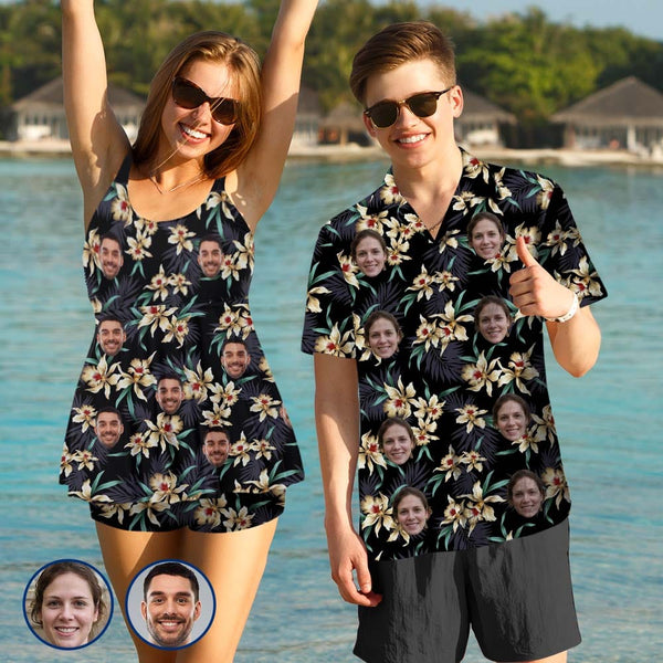 Couple Matching Hawaiian Shirts&Swimsuits with Faces Best Couple Gift Flower Parrot Personalized Hawaiian Shirts&Tankini