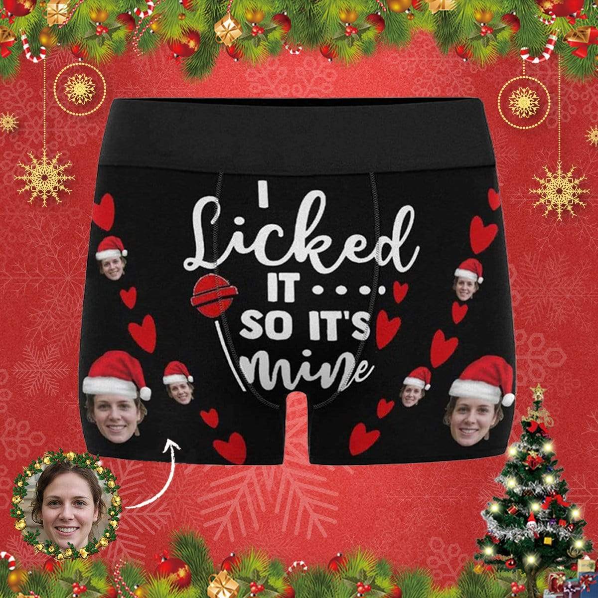 Custom Boxer Briefs with Face I Licked It Christmas Hat Personalized Red Love Heart Boxer Briefs For Valentine&