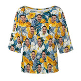 Custom Boyfriend Face Face Pineapple Flower Loose Fit Tee Personalized One Side Off Shoulder Women's Mid Sleeve Straight Neck T-shirt