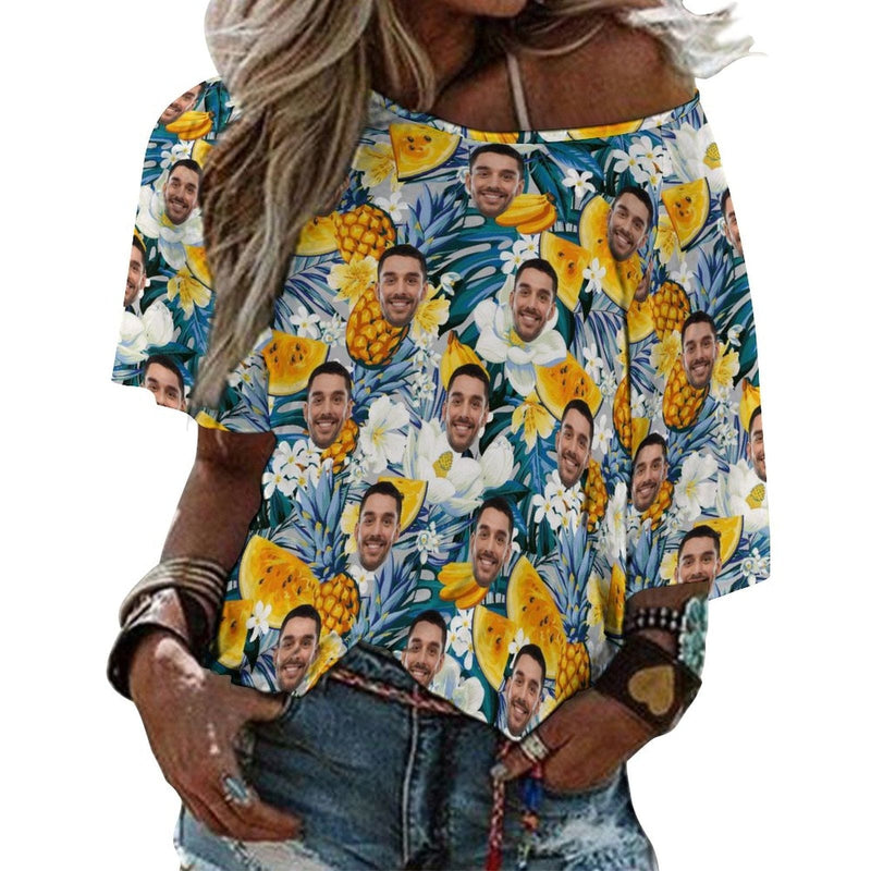 Custom Boyfriend Face Face Pineapple Flower Loose Fit Tee Personalized One Side Off Shoulder Women's Mid Sleeve Straight Neck T-shirt