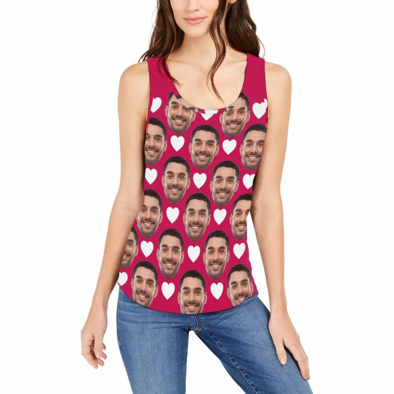 Custom Face Multicolor Loose Tops Personalized Red Love Heart Women's All Over Print Tank Top