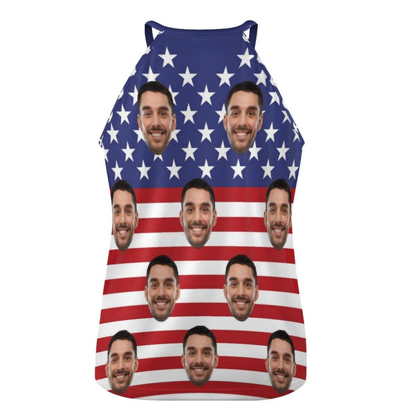 Custom Face Flag Tops Women's Print Halterneck Strapless Vest Loose Top for Independence Day