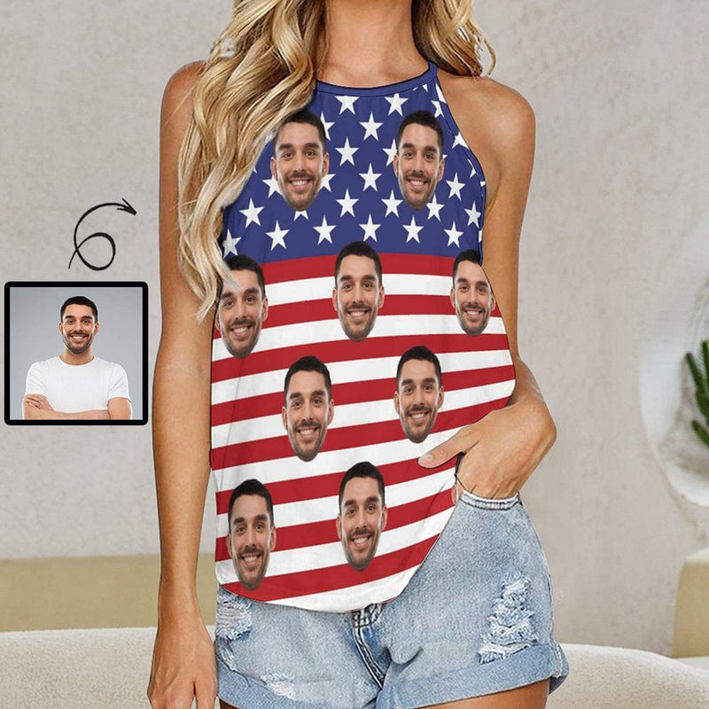 Custom Face USA Flag Tops Women's Halterneck Strapless Vest Shirt 