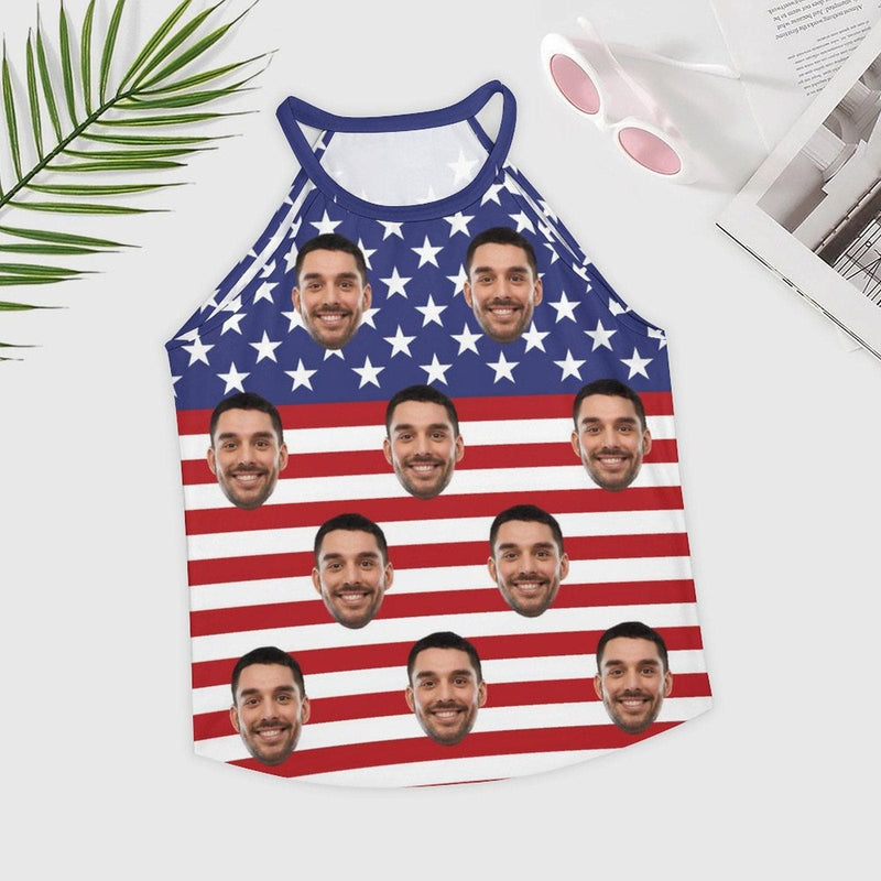 Custom Face Flag Tops Women's Print Halterneck Strapless Vest Loose Top for Independence Day