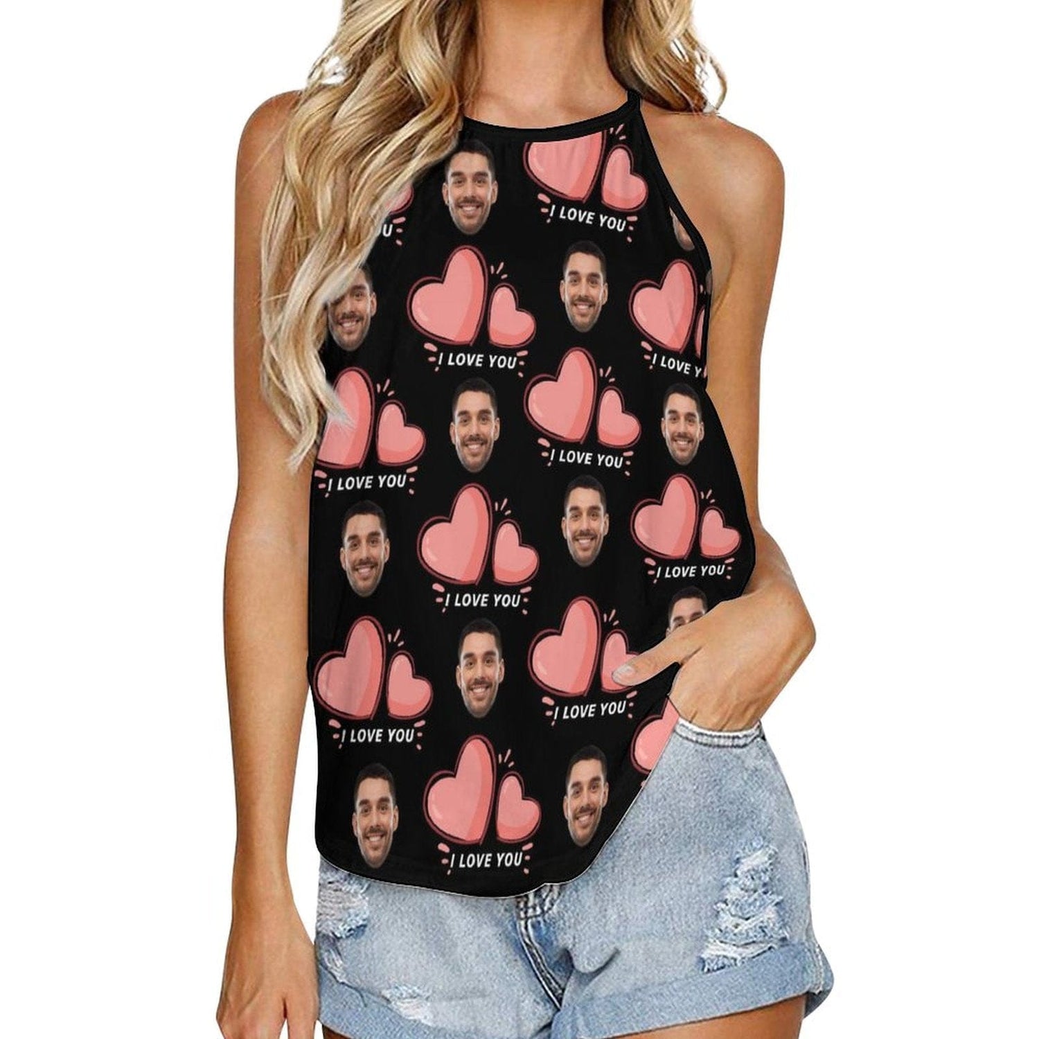 Custom Face Tops I Love You Summer Halterneck Strapless Print Vest Shirt Women&