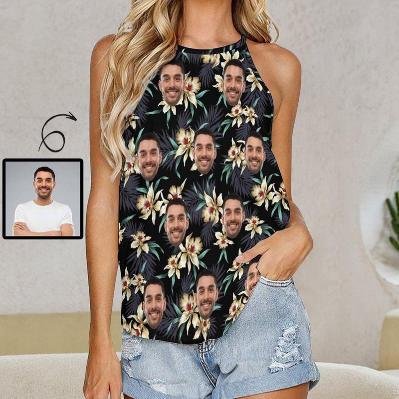 Custom Face Tops Tropical Flower Black Halterneck Strapless Vest Shirt