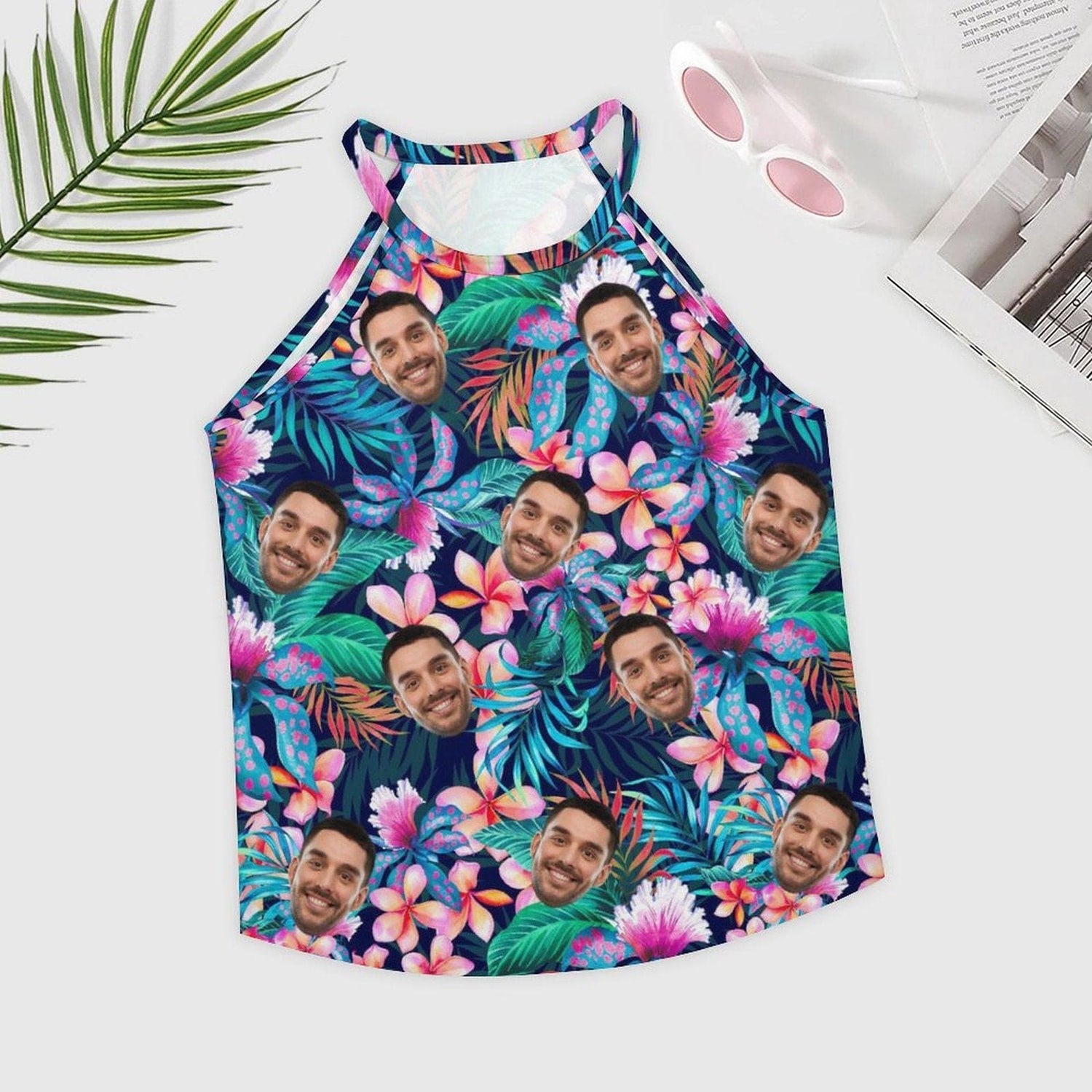 Personalized Face Tank Tops Tropical Plants Summer Halterneck Strapless Print Vest Shirt Women&