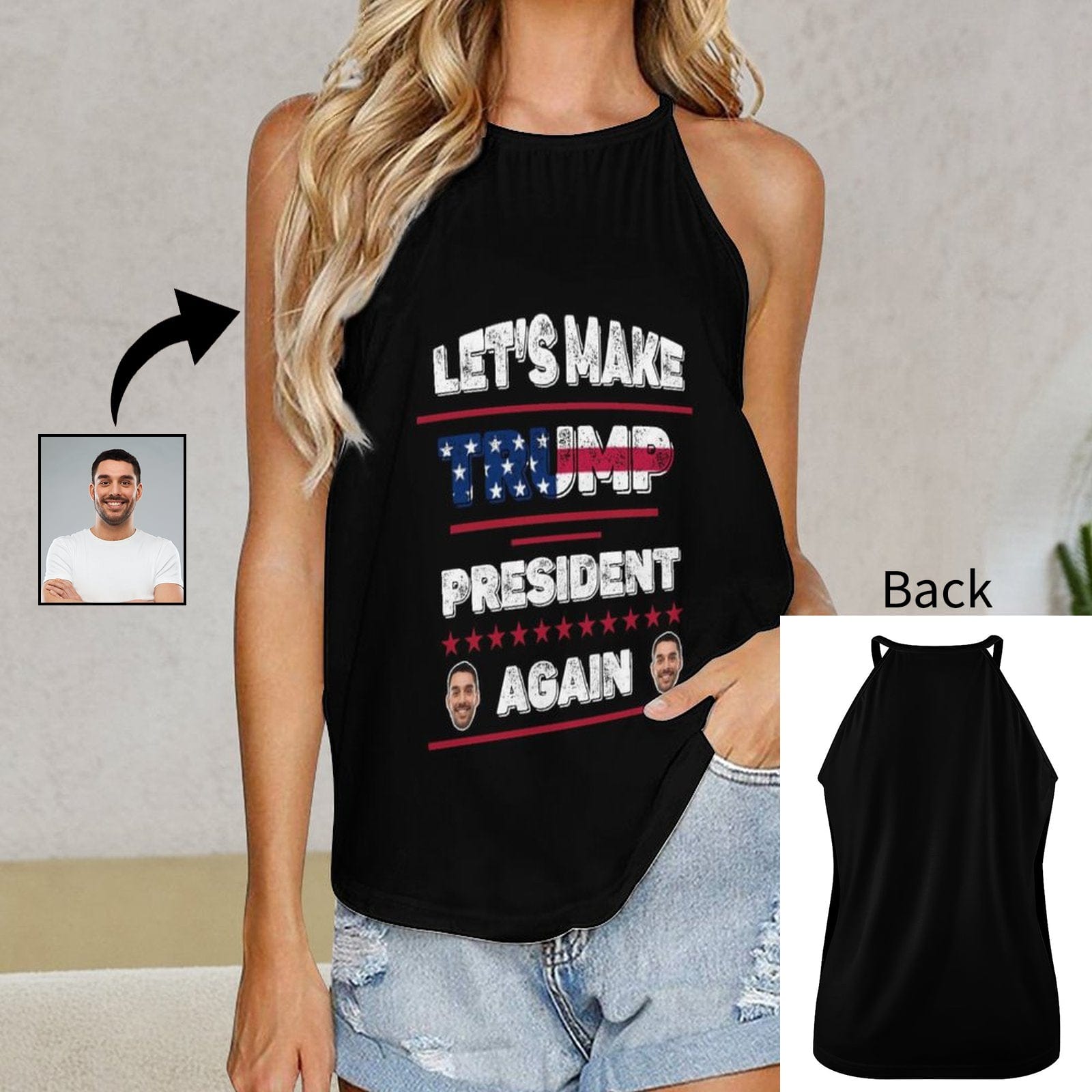 Custom Face Flag Text Black Halterneck Strapless Print Vest Shirts Top