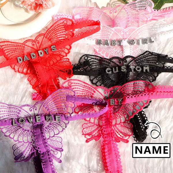 Personalized DIY Name Embroidered Hollow Butterfly Sexy Low Waist Underpants Open Cut Thong Womens Underwear(DHL is not supported)