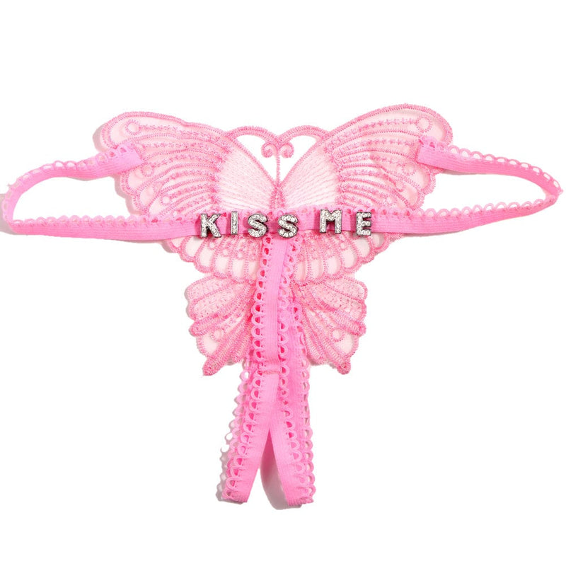 Personalized DIY Name Embroidered Hollow Butterfly Sexy Low Waist Underpants Open Cut Thong Womens Underwear(DHL is not supported)