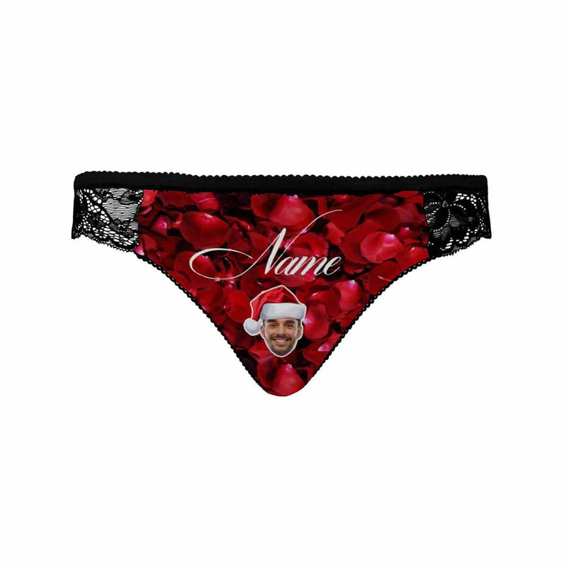 Custom Face&Name Underwear Personalized Christmas Red Rose Women's Lace Panty Valentine's Day Gift For Her