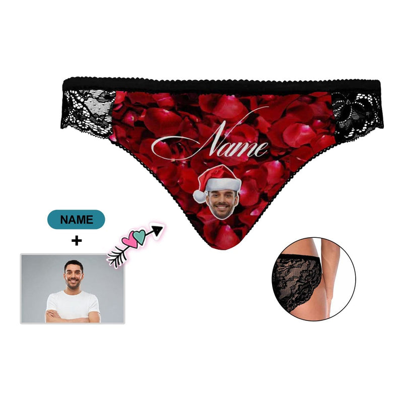 Custom Face&Name Underwear Personalized Christmas Red Rose Women's Lace Panty Valentine's Day Gift For Her